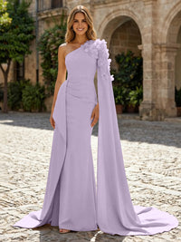 Sheath Satin One Shoulder Maxi Evening Dresses with Sweep Train & 3D Flower