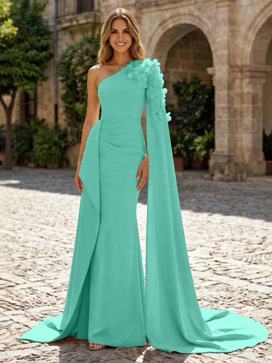 Sheath Satin One Shoulder Maxi Evening Dresses with Sweep Train & 3D Flower