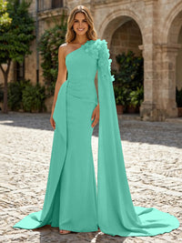 Sheath Satin One Shoulder Maxi Evening Dresses with Sweep Train & 3D Flower