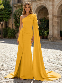 Sheath Satin One Shoulder Maxi Evening Dresses with Sweep Train & 3D Flower