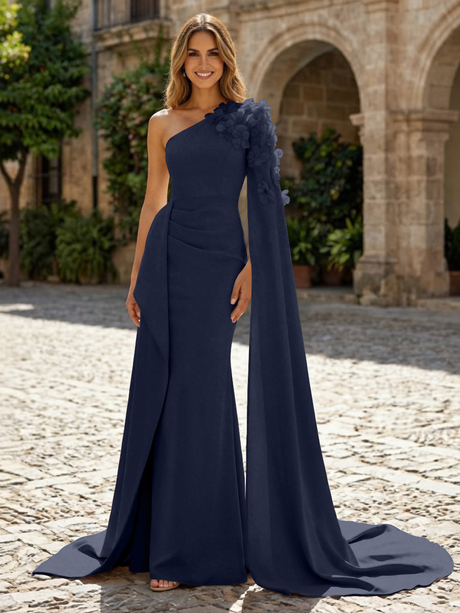 Sheath Satin One Shoulder Maxi Evening Dresses with Sweep Train & 3D Flower