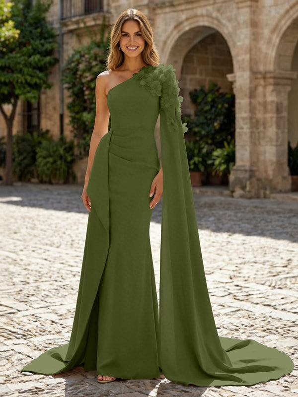 Sheath Satin One Shoulder Maxi Evening Dresses with Sweep Train & 3D Flower