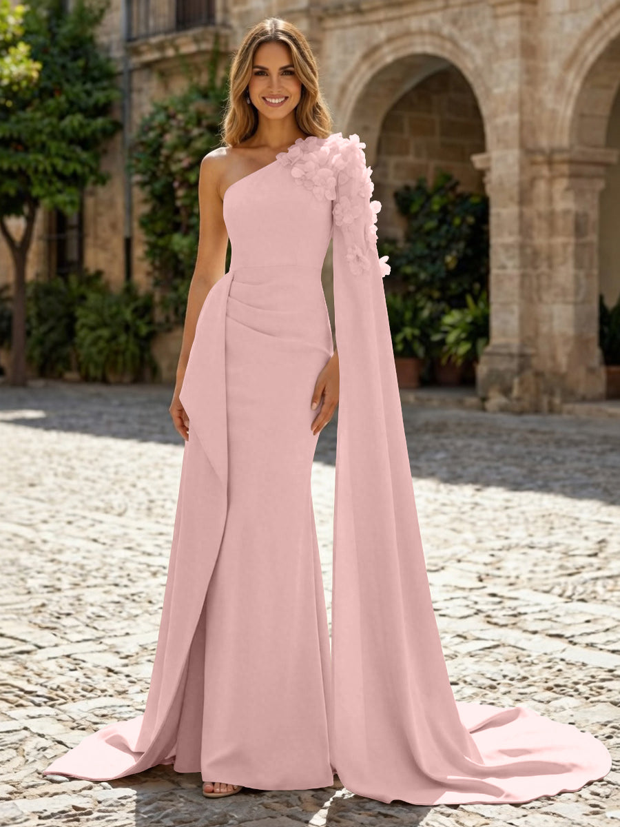 Sheath Satin One Shoulder Maxi Evening Dresses with Sweep Train & 3D Flower