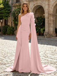 Sheath Satin One Shoulder Maxi Evening Dresses with Sweep Train & 3D Flower