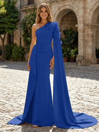 Sheath Satin One Shoulder Maxi Evening Dresses with Sweep Train & 3D Flower
