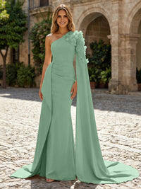 Sheath Satin One Shoulder Maxi Evening Dresses with Sweep Train & 3D Flower