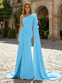 Sheath Satin One Shoulder Maxi Evening Dresses with Sweep Train & 3D Flower