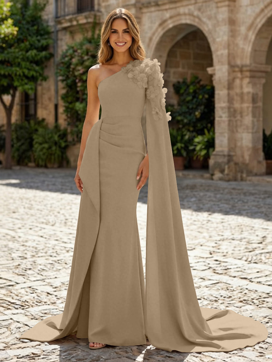 Sheath Satin One Shoulder Maxi Evening Dresses with Sweep Train & 3D Flower