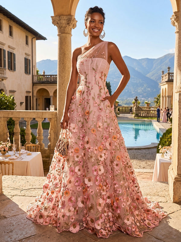 A-Line One Shoulder Floral Appliques Evening Dresses with Sweep Train