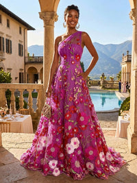 A-Line One Shoulder Floral Appliques Evening Dresses with Sweep Train