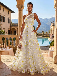 A-Line One Shoulder Floral Appliques Evening Dresses with Sweep Train