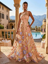 A-Line One Shoulder Floral Appliques Evening Dresses with Sweep Train