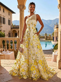 A-Line One Shoulder Floral Appliques Evening Dresses with Sweep Train