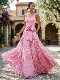 A-Line Square Neck Floor-Length Evening Dresses with 3D Flower