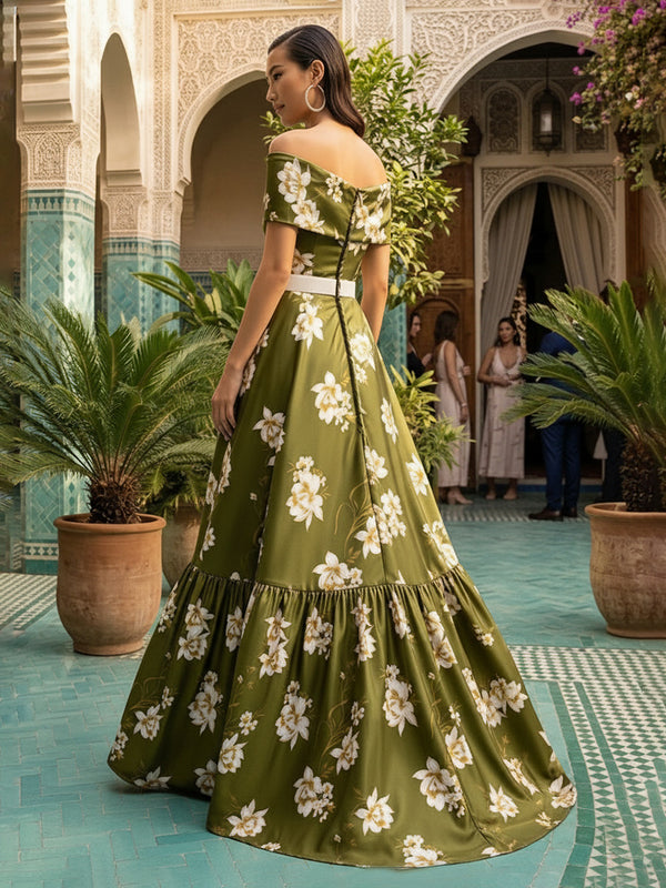 A-Line Floral Print Satin Off Shoulder Evening Dresses with Rhinestone Waist