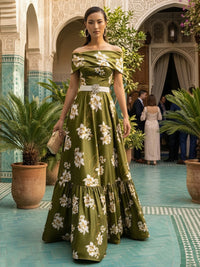 A-Line Floral Print Satin Off Shoulder Evening Dresses with Rhinestone Waist