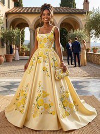 Elegant A-Line Square Neck Floor-Length Evening Dresses with Floral Embroidery