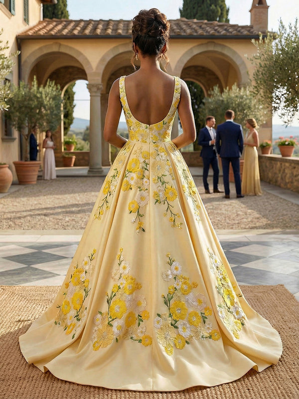 Elegant A-Line Square Neck Floor-Length Evening Dresses with Floral Embroidery