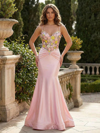 Mermaid Satin Spaghetti Straps Maxi Evening Dresses with Sequin Floral Bodice