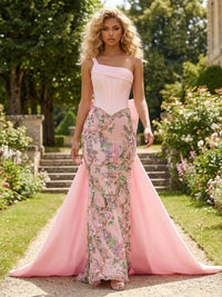 Sheath One Shoulder Sequin Floral Maxi Evening Dresses with Bow Sweep Train & Corset
