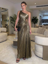 A-Line One Shoulder Pleated Metallic Satin Maxi Evening Dresses