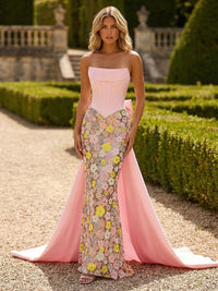 Sheath Strapless Sequin Floral Maxi Evening Dresses with Bow Sweep Train & Ruched Corset