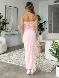 Sheath Strapless Satin Maxi Cocktail Dresses with Feather Trim