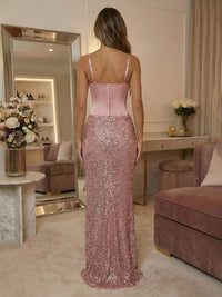 Sheath Sequin Spaghetti Straps Maxi Evening Dresses with Satin Corset