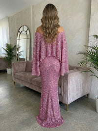 Sheath Sequin Off Shoulder Cape Sleeves Maxi Evening Dresses