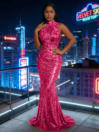 Mermaid Sparkly Sequin High Neck Floor-Length Evening Dresses with 3D Flower Appliques