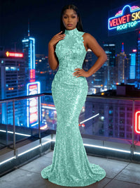 Mermaid Sparkly Sequin High Neck Floor-Length Evening Dresses with 3D Flower Appliques
