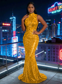 Mermaid Sparkly Sequin High Neck Floor-Length Evening Dresses with 3D Flower Appliques