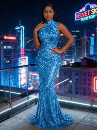 Mermaid Sparkly Sequin High Neck Floor-Length Evening Dresses with 3D Flower Appliques