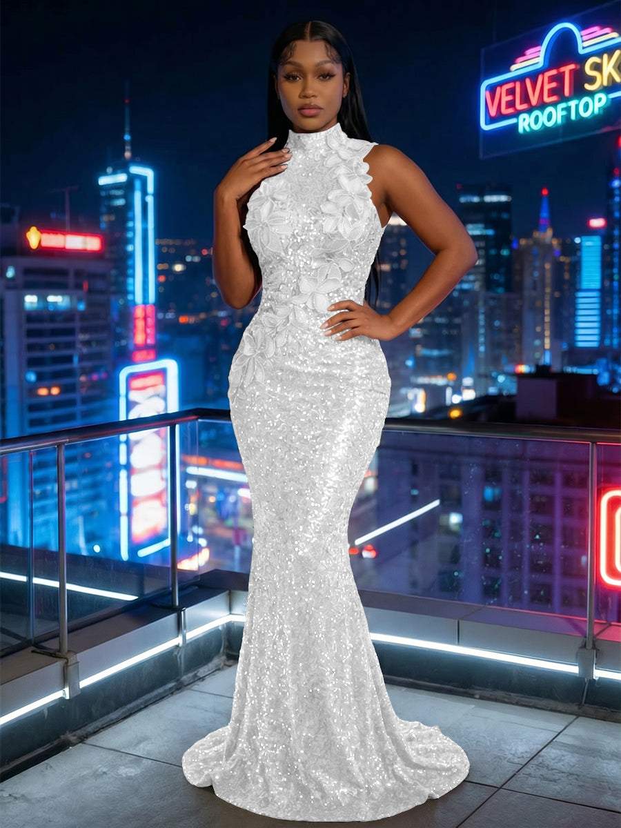 Mermaid Sparkly Sequin High Neck Floor-Length Evening Dresses with 3D Flower Appliques