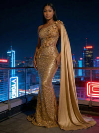Mermaid Sparkly Sequin One Shoulder Floor-Length Evening Dresses with 3D Flower Appliques & Satin Drape