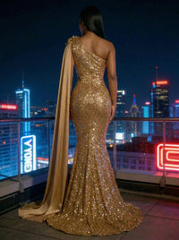 Mermaid Sparkly Sequin One Shoulder Floor-Length Evening Dresses with 3D Flower Appliques & Satin Drape