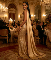 Mermaid Sparkly Sequin One Shoulder Floor-Length Evening Dresses with 3D Flower Appliques & Satin Drape