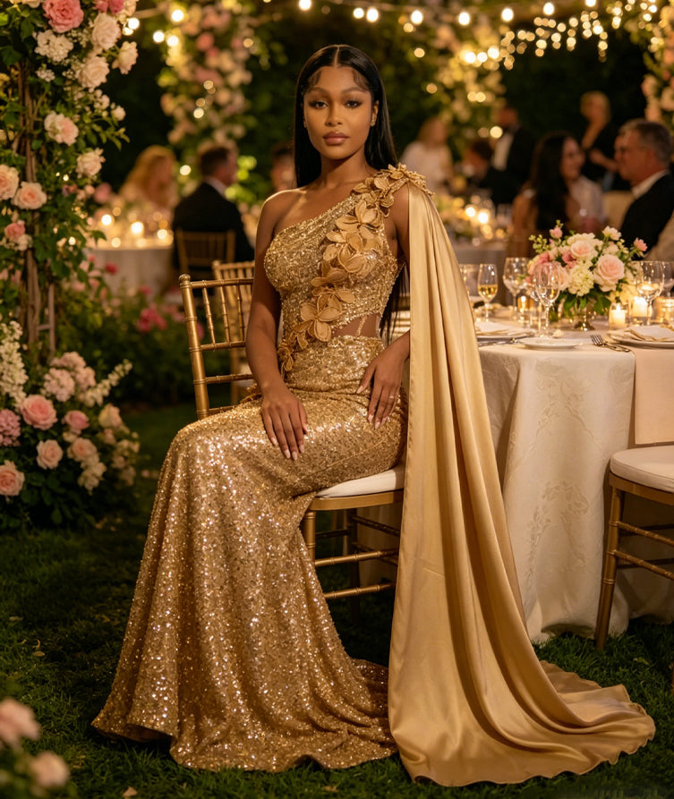 Mermaid Sparkly Sequin One Shoulder Floor-Length Evening Dresses with 3D Flower Appliques & Satin Drape