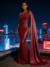 Mermaid Sparkly Sequin One Shoulder Floor-Length Evening Dresses with 3D Flower Appliques & Satin Drape