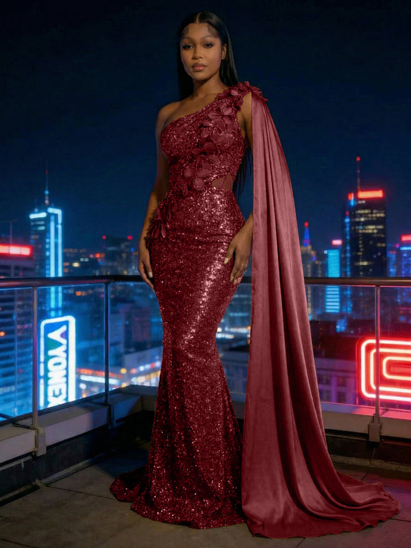 Mermaid Sparkly Sequin One Shoulder Floor-Length Evening Dresses with 3D Flower Appliques & Satin Drape