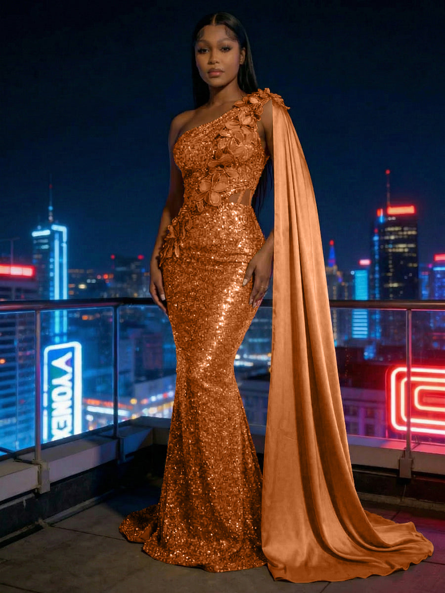 Shirees Burnt Orange Mermaid Sparkly Sequin One Shoulder Floor-Length Evening Dresses with 3D Flower Appliques & Satin Drape 2026