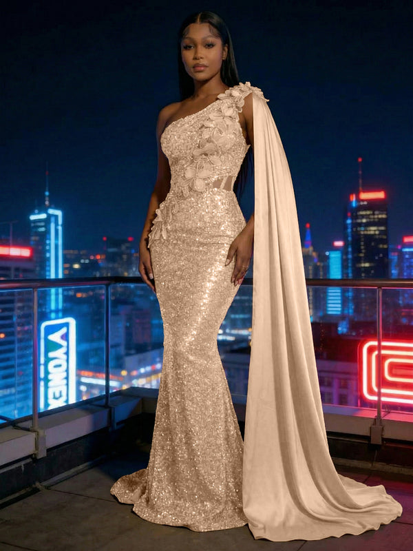 Mermaid Sparkly Sequin One Shoulder Floor-Length Evening Dresses with 3D Flower Appliques & Satin Drape