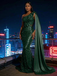Mermaid Sparkly Sequin One Shoulder Floor-Length Evening Dresses with 3D Flower Appliques & Satin Drape