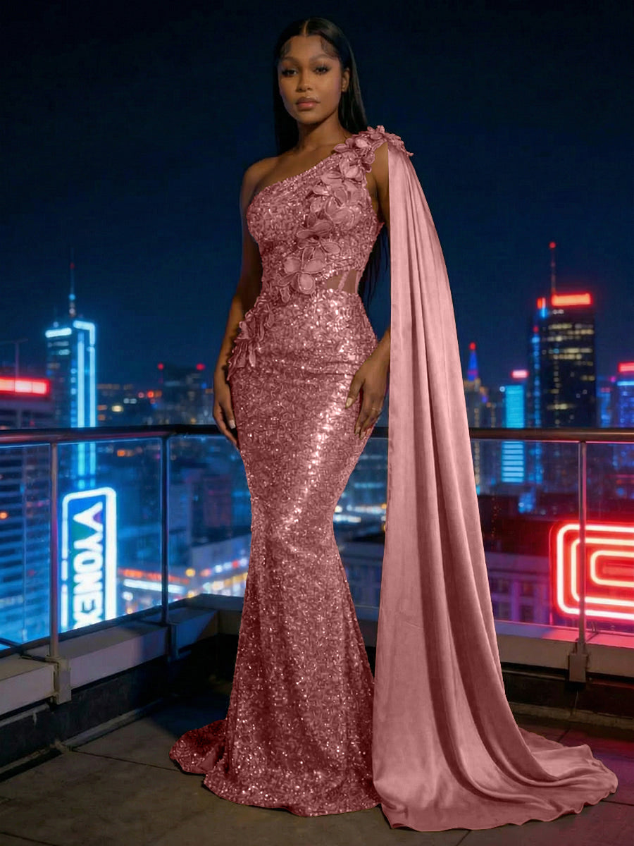 Mermaid Sparkly Sequin One Shoulder Floor-Length Evening Dresses with 3D Flower Appliques & Satin Drape
