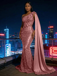 Mermaid Sparkly Sequin One Shoulder Floor-Length Evening Dresses with 3D Flower Appliques & Satin Drape