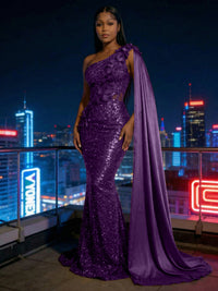 Mermaid Sparkly Sequin One Shoulder Floor-Length Evening Dresses with 3D Flower Appliques & Satin Drape