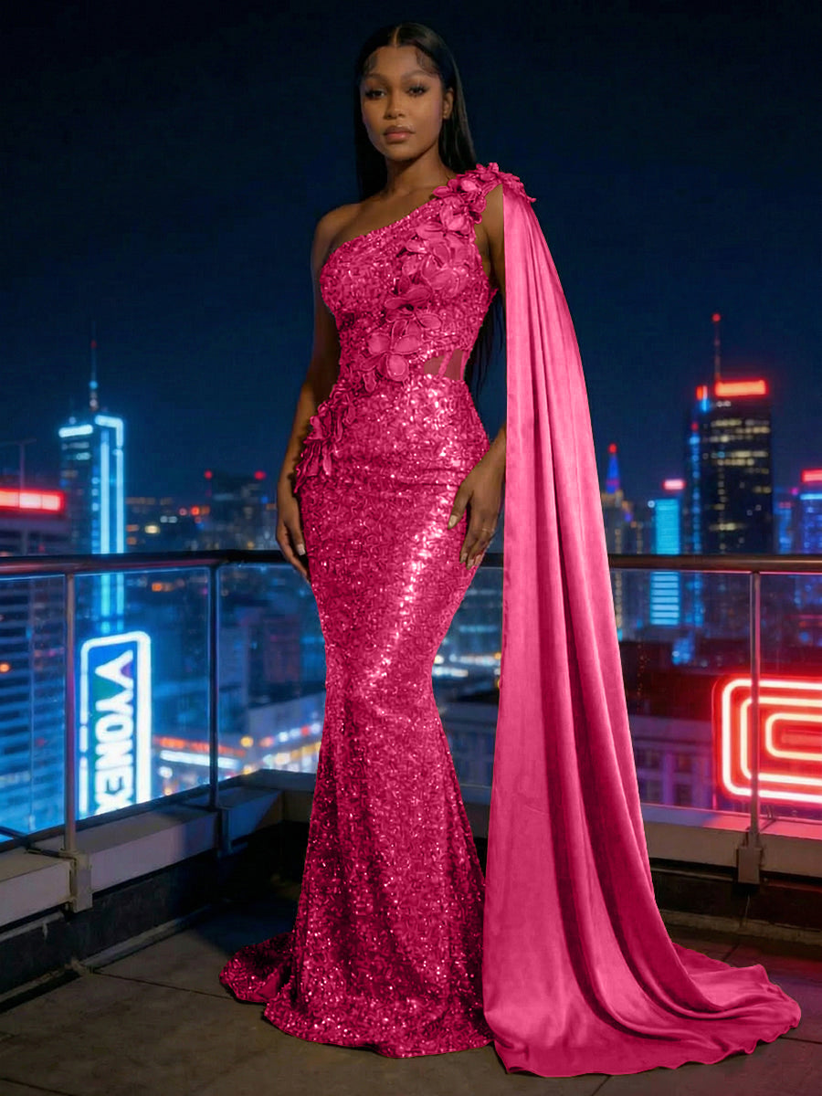 Mermaid Sparkly Sequin One Shoulder Floor-Length Evening Dresses with 3D Flower Appliques & Satin Drape