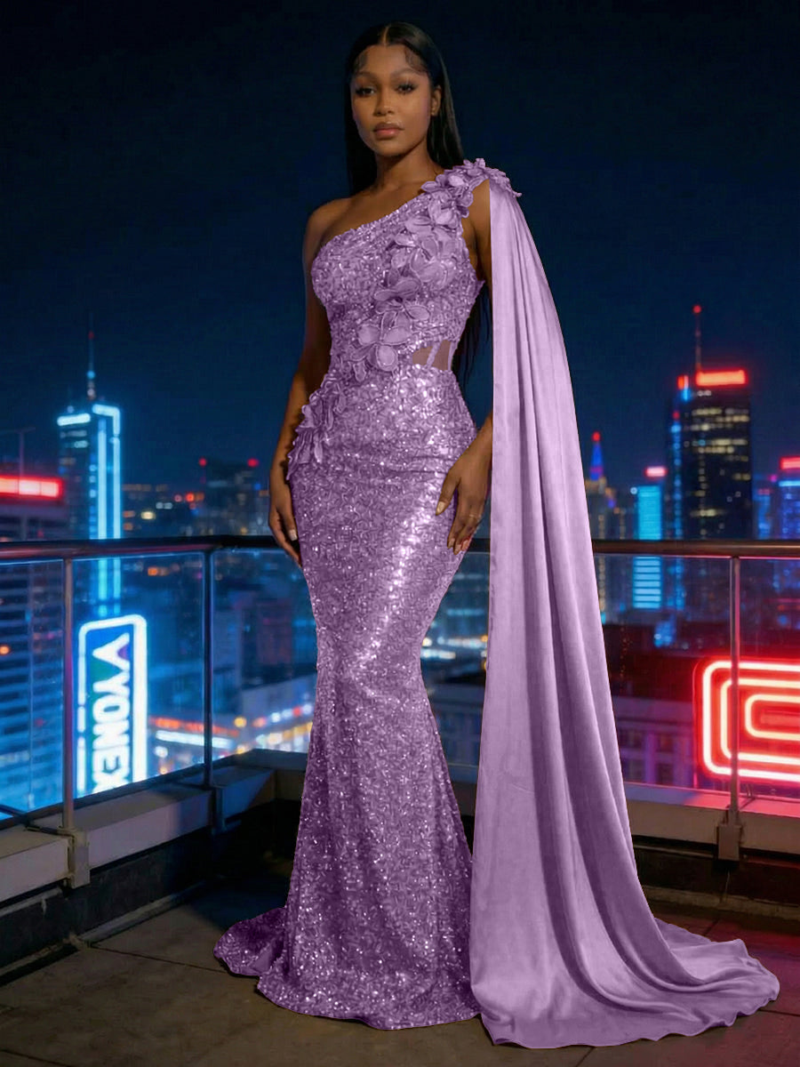Mermaid Sparkly Sequin One Shoulder Floor-Length Evening Dresses with 3D Flower Appliques & Satin Drape