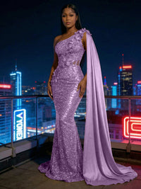 Mermaid Sparkly Sequin One Shoulder Floor-Length Evening Dresses with 3D Flower Appliques & Satin Drape