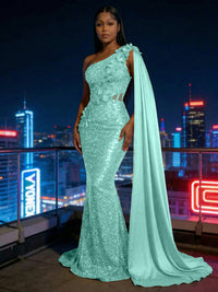 Mermaid Sparkly Sequin One Shoulder Floor-Length Evening Dresses with 3D Flower Appliques & Satin Drape